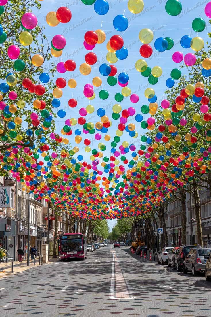 CB7_8588 Les boulevards de Calais vont changer avec les décors de l'artiste portugaise Patricia Cunha. Du 28 mai au 30 septembre, des ballons et des franges de couleurs par milliers vont surplomber certains axes de la ville. Profitez en et entrez sous un ciel de bulles colorées, à bientôt...